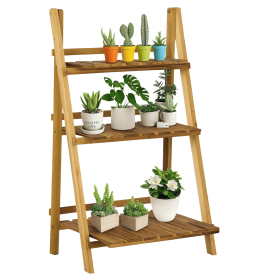 3-Tier Folding Plant Stand, 24" x 15" Wooden Indoor Plant Shelf Display Stand, for Corner Balcony Garden Patio