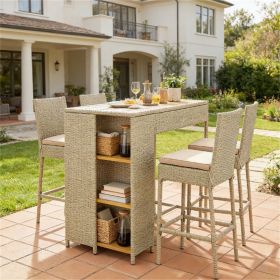 5-piece outdoor bar counter, outdoor tables and chairs, Brown