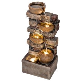 28" Outdoor Fountain with 5-Tier Rustic Jugs, Cascading Waterfall with LED Lights, Adjustable Flow, Rustic Brown