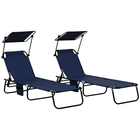 Folding Chaise Lounge Pool Lounge Chairs Set of 2, Outdoor Sun Tanning Chairs with Canopy Shade, Reclining Back, Steel Frame and Side Pocket for Beach