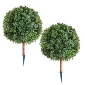 Artificial Topiary Boxwood Trees with Ground Spike, 27 inch 2 Set Faux Shrubs & Bushes Potted Plants