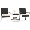 3-Piece Patio PE Wicker Bistro Set, Tempered Glass 2-Tier Side Table Outdoor Chair Set-White