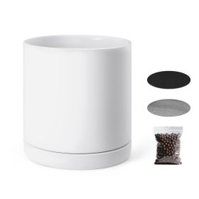 Plant Pot, 12-Inch Large Cylinder Planter with Drainage Holes, Non-Slip Pads & Detachable Saucer, Modern Ceramic Flower Pots