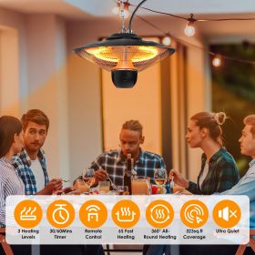1500W Outdoor Patio Heater Electric Hanging Heated Ceiling Mounted Heating Lamp IP23 Waterproof with 3 Heating Levels 30Mins/60Mins Timer 2 Remote Con