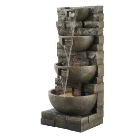 Outdoor Water Fountain, 35.63 in Height Fountain and Waterfall, 4-Tier Floor Standing Cascading Fountains with LED Light and Pump, Block Stack St