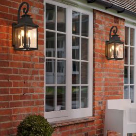 23"(H) 2-Pack Outdoor Wall Lantern Light – Vintage Black Metal Sconce with Clear Seeded Glass for Porch, Patio, and Garden (Bulb Not Included)