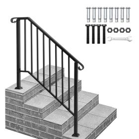 Handrails For Outdoor Steps, Black Wrought Iron Handrail Fits 3 Or 4 Steps, Transitional Handrail With Installation Kit, Stair Railing For Concre (Option: Black)