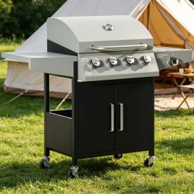 52" Barbecue Grill with Wheels 4+1 Burner Liquid Propane Gas Grill (Main Material: Carbon steel, Main Color: Black and Silver)