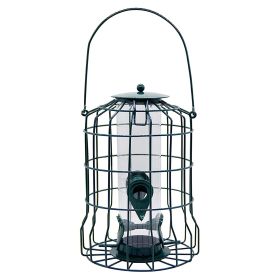 Outdoor Wild Bird Feeder Squirrel-Proof Chew-Proof Metal Hanging Seed Feeder with 4 Feeding Ports for Small Songbirds (Color: Black, size: One size)