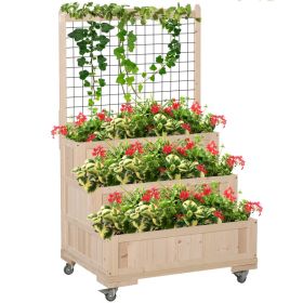 3-Tiers Raised Garden Bed with Trellis, 53" H Vertical Planter Box with Wheels & Back Storage Area, for Flowers, Vegetables, Herbs, Natural (Option: Natural Wood-855x650x165 mm)